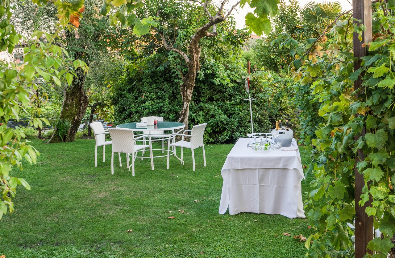 Tables set for a garden gathering